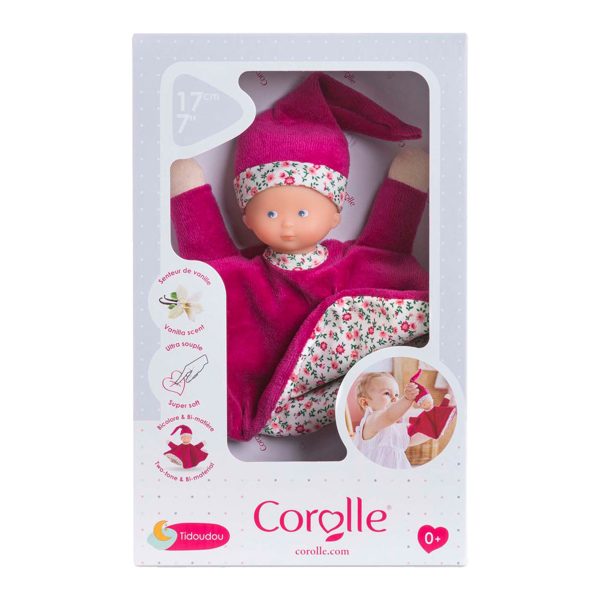 Muñeco de peluche Corolle Cuddle Cloth rosa granadina para bebé de 17 cm.