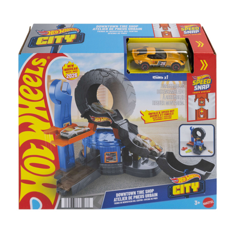 Taller de neumáticos Hot Wheels City Center - set de juego y coche de juguete - adecuado para el sistema de seguimiento Quick-click