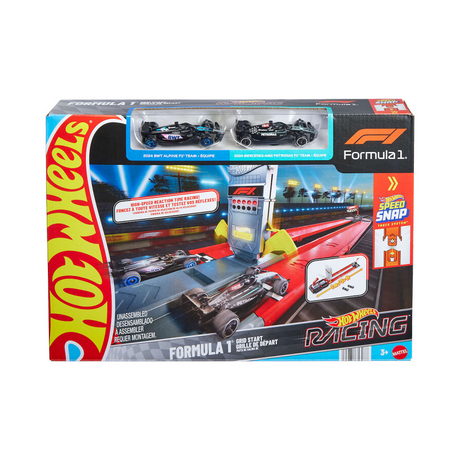 Juego de pistas de punto de partida de Fórmula 1 de Hot Wheels Racing y 2 coches de F1 de metal