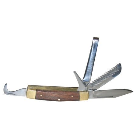 Cuchillo de montar con rascador plegable.