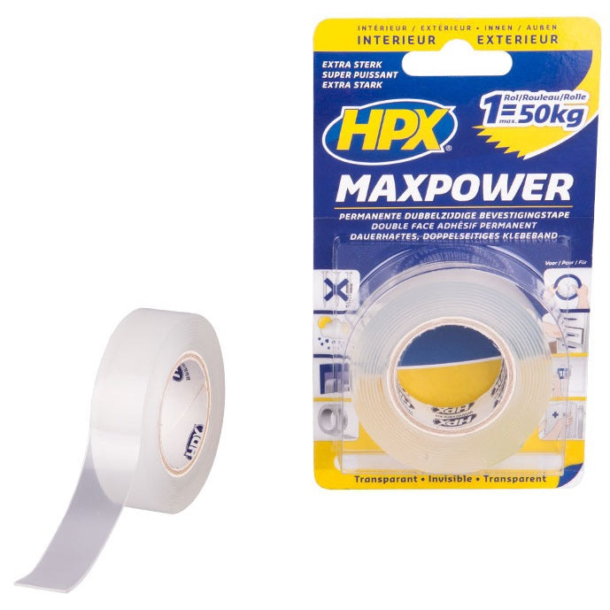 Productos hpx cinta adhesiva de doble cara maxpower transparente 19 mm x 2 m