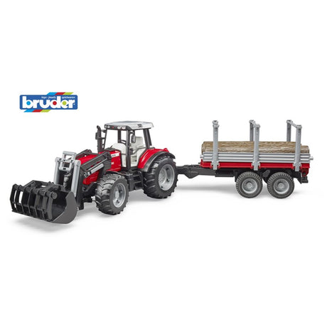 Tractor Bruder Massey Ferguson con cargador frontal y remolque para transporte de madera