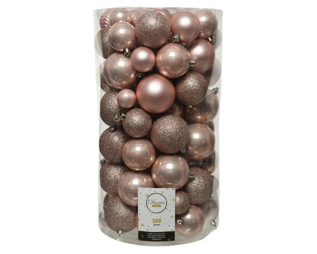Decoris mezcla de bolas de Navidad irrompibles de plástico, tubo de 100 unidades, rosa empolvado
