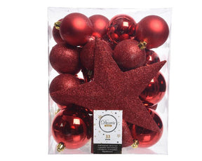 Juego de bolas navideñas Decoris de plástico con pico de estrella Navidad rojo, caja de 33 piezas