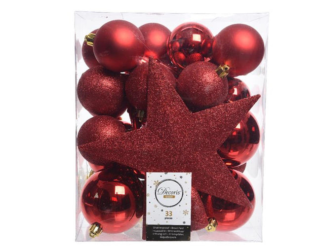Juego de bolas navideñas Decoris de plástico con pico de estrella Navidad rojo, caja de 33 piezas