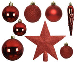 Juego de bolas navideñas Decoris de plástico con pico de estrella Navidad rojo, caja de 33 piezas