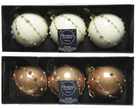 Juego de bolas navideñas decoradas Decoris de cristal, juego de 3 bolas de 8 cm de diámetro en colores blanco lana o marrón camel
