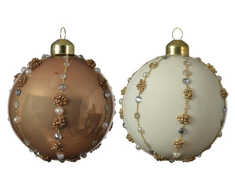 Juego de bolas navideñas decoradas Decoris de cristal, juego de 3 bolas de 8 cm de diámetro en colores blanco lana o marrón camel