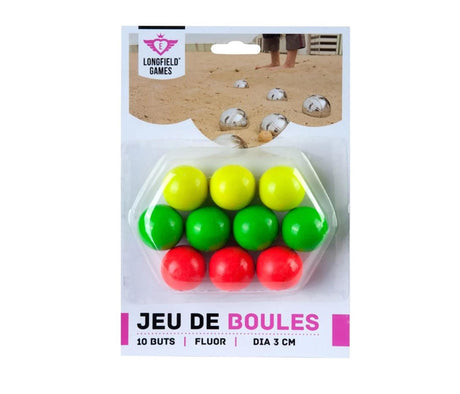 Juego de petanca de madera Longfield – juego de 10 piezas – colores fluorescentes – pelotas de petanca – ø 30 mm – accesorios de petanca – corazón de ángel