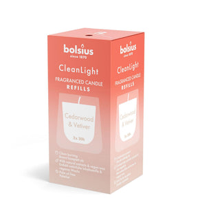 Bolsius fragancia clean light recambio 20h madera de cedro vetiver caja de 2 piezas