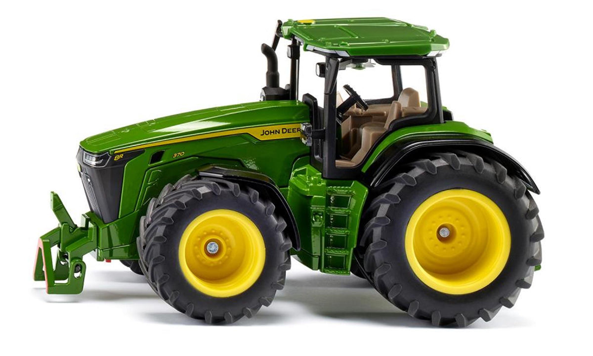 Siku 3290, John Deere 8R 370, 1:32, metal plástico, verde, incl. contrapeso, capó abatible