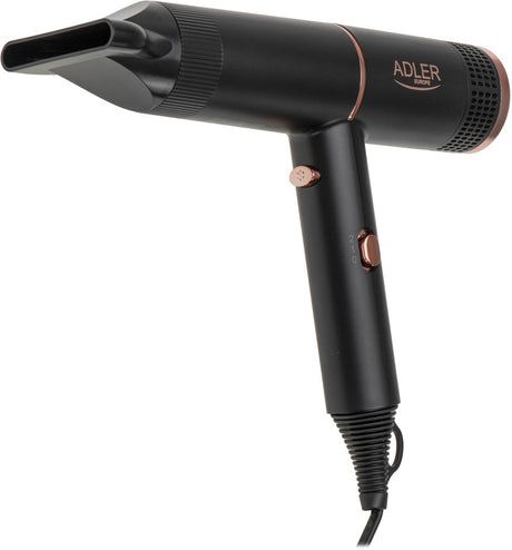 Adler - secador de pelo - tecnología de ionización - 2 etapas de soplado - negro con elementos dorados, ad 2278