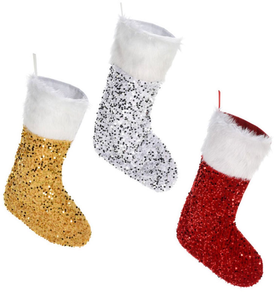 Calcetín navideño Koopman con lentejuelas y capa de pelo artificial, decoración multicolor.