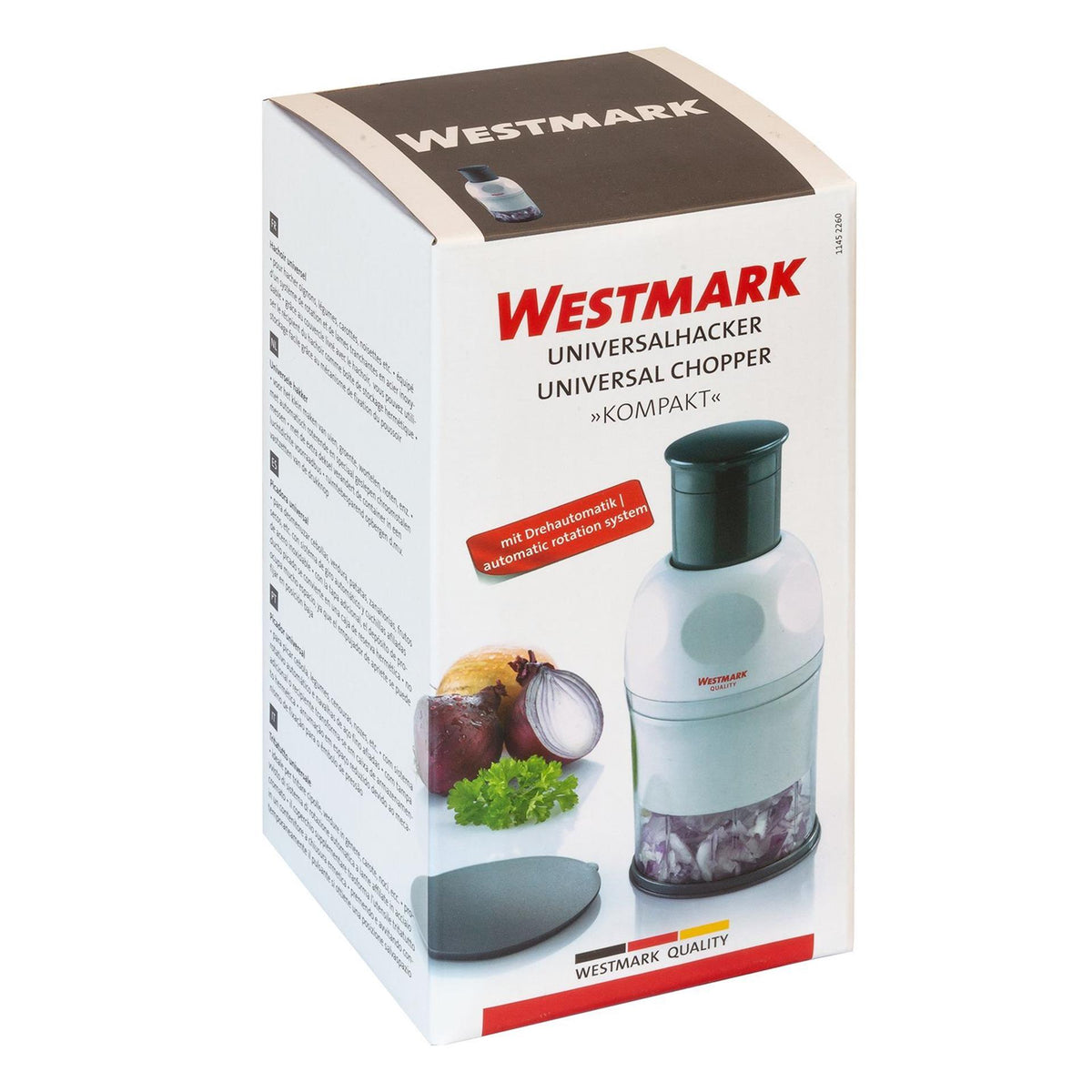Picadora de verduras universal Westmark, para cebolla y ajo, tarro de almacenamiento simultáneo con tapa, plástico de acero inoxidable, compacto, blanco antracita, 11452260