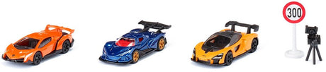 Siku 6328, set de regalo de supercoches, Lamborghini Veneno, Apollo I.E., McLaren Senna, piezas móviles, incl. señal de tráfico y cámara de velocidad