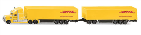 Siku 1806, tren de carretera Freightliner DHL, tractor con semirremolque y remolque, 1:87, plástico metálico, amarillo, remolque desmontable