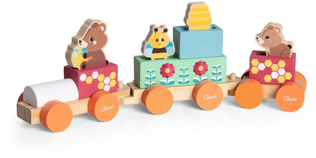 Chicco my wood friends teddyberentrein - houten montessori speelgoed - stapeltrein met 3 wagons, 5 gekleurde blokken en figuren - fsc-hout (2+j)
