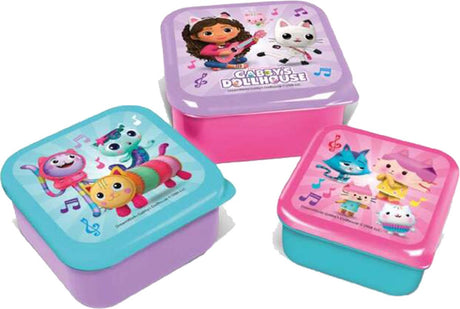 Cajas para snacks 3 en 1 de la casa de muñecas de Stor Gabby - 3 tamaños - cuadradas - con cierre hermético - loncheras para niños - tapa suelta - aptas para galletas, frutas y snacks - violeta rosa turquesa