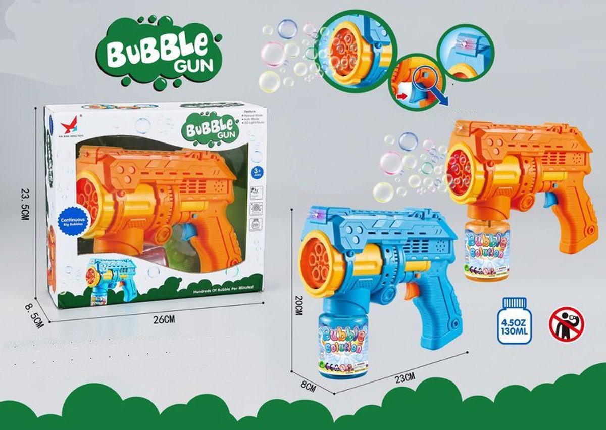 Pistola de burbujas Amuuso 23 cm con sonido + soplador de burbujas de 130 ml.