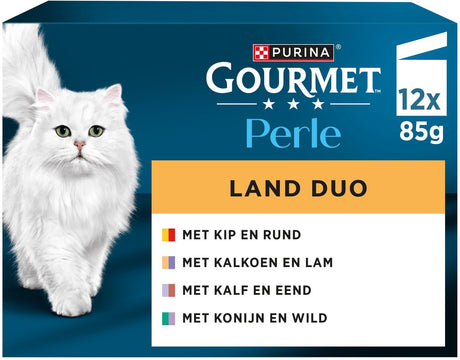 Gourmet Perle Duo - Comida húmeda para gatos - Pollo, ternera, pavo, cordero, ternera, pato, conejo, caza - 48 x 85 g