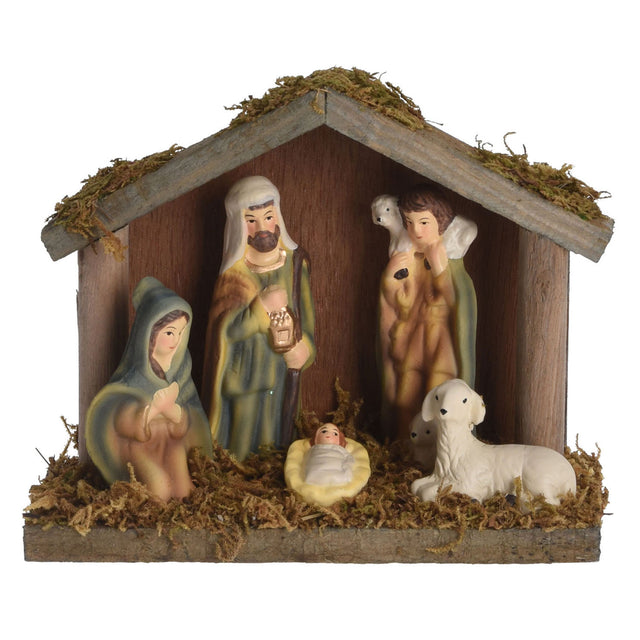Escena de natividad de madera con 5 figuras