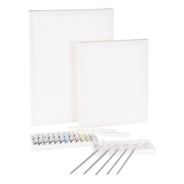 Set de pintura con lienzo, pintura y pinceles.