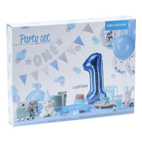 Set de decoración para la fiesta del primer cumpleaños - niño azul, 9 piezas.