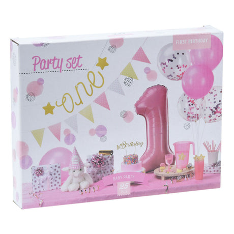 Set de decoración para fiesta de primer cumpleaños - niña rosa, 9 piezas.