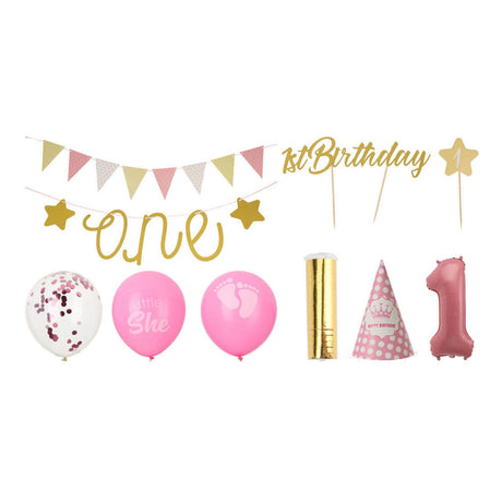 Set de decoración para fiesta de primer cumpleaños - niña rosa, 9 piezas.