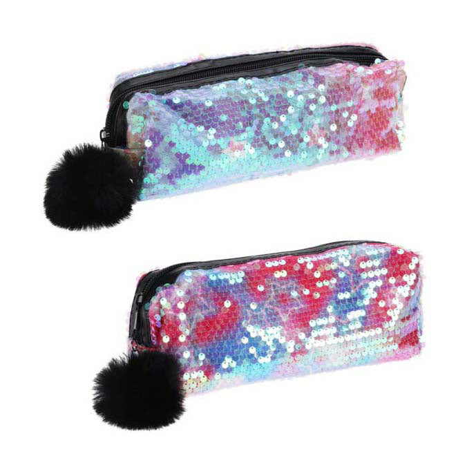 Estuche con lentejuelas y pompón.