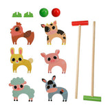 Juego de croquet de animales de granja de madera.