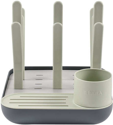 Botellero forestal de Béaba - escurridor modular para 6 biberones grandes y accesorios - ramas ajustables y recipiente separado para pajitas y cubiertos - fondo extraíble para un rápido drenaje del agua - cartón reciclado - verde gris