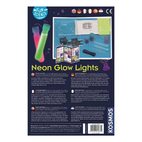 Luces luminosas de neón Cosmos – set de experimentos – diseña decoraciones luminosas con luz ultravioleta – incluye marcadores especiales y lámpara de luz negra – crea arte luminoso