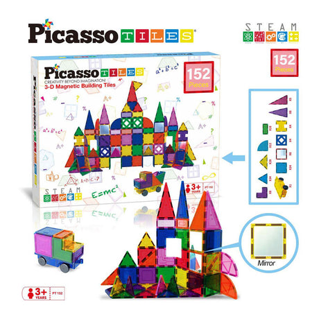 Picasso Tiles Tactic - juguetes de construcción - azulejos magnéticos - azulejos magnéticos - juego de bloques y espejos - juguetes de tallo - juguetes de construcción creativos - 152 piezas - a partir de 3 años