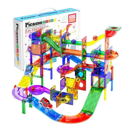 Pista de carreras y pista de mármol Selecta picassotiles - losetas de construcción magnéticas - 108 piezas.
