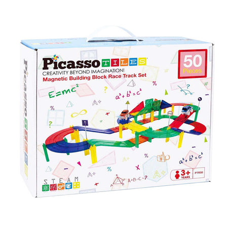 Picasso Tiles Tactic - juguetes de construcción - azulejos magnéticos - azulejos magnéticos - pista de carreras - juguetes de tallo - pista de carreras magnética con 2 coches LED - 50 piezas - a partir de 3 años