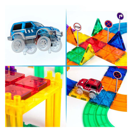 Picasso Tiles Tactic - juguetes de construcción - azulejos magnéticos - azulejos magnéticos - pista de carreras - juguetes de tallo - pista de carreras magnética con 2 coches LED - 50 piezas - a partir de 3 años
