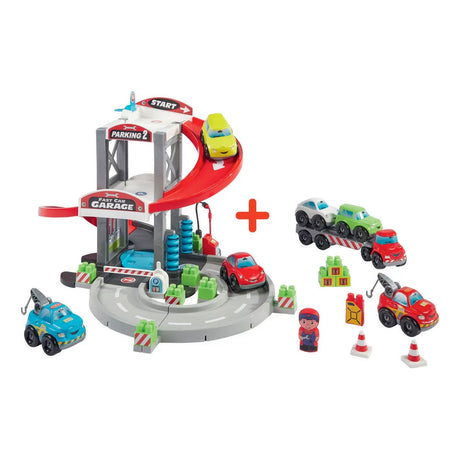 Garaje ecoiffier en abrick con transportador y coches.