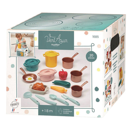 Ecoiffier vert azur set de juego sartenes y comida de juguete con hornillo de cartón - 20 piezas.