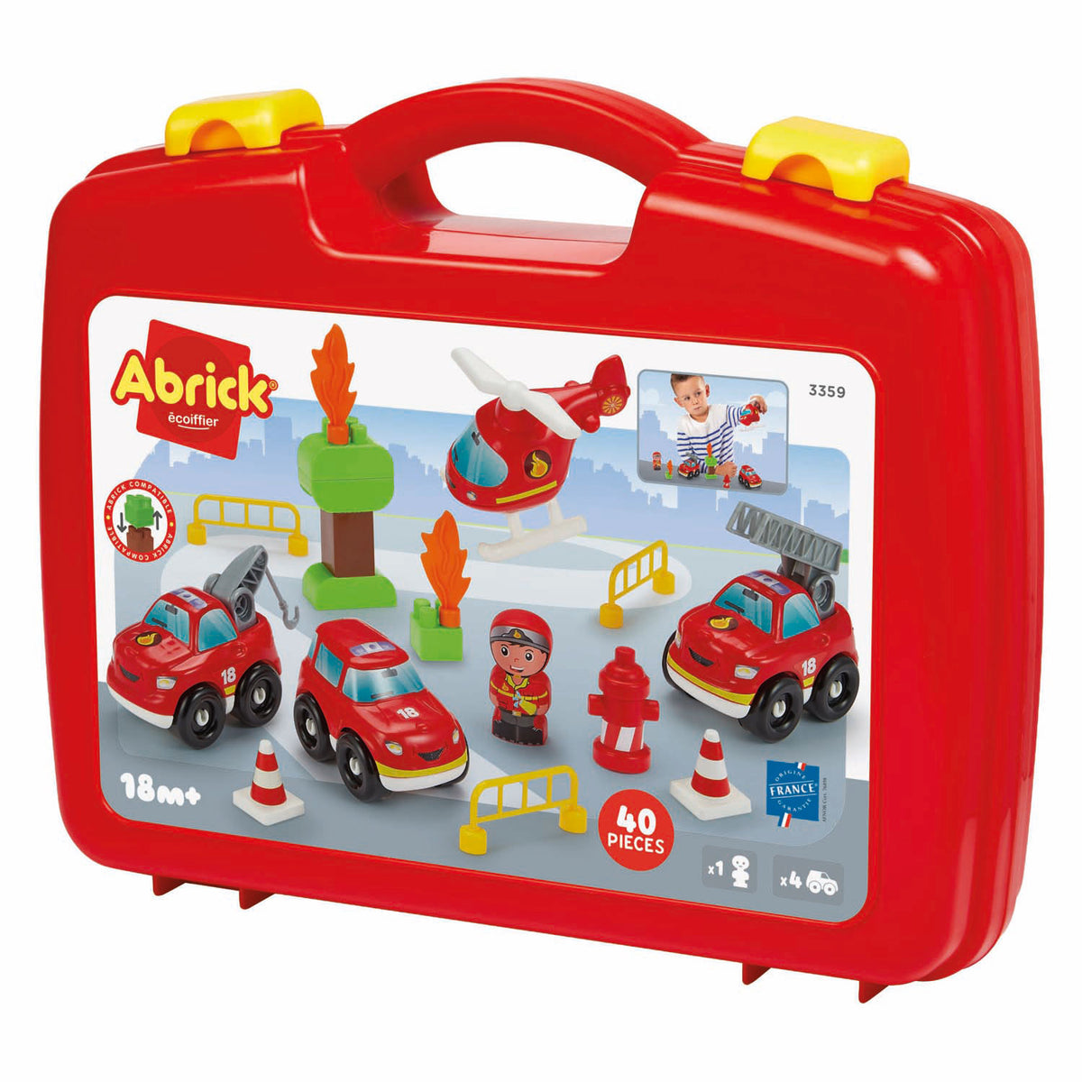 Maleta de ladrillo Ecoiffier con camiones de bomberos - 40 uds.