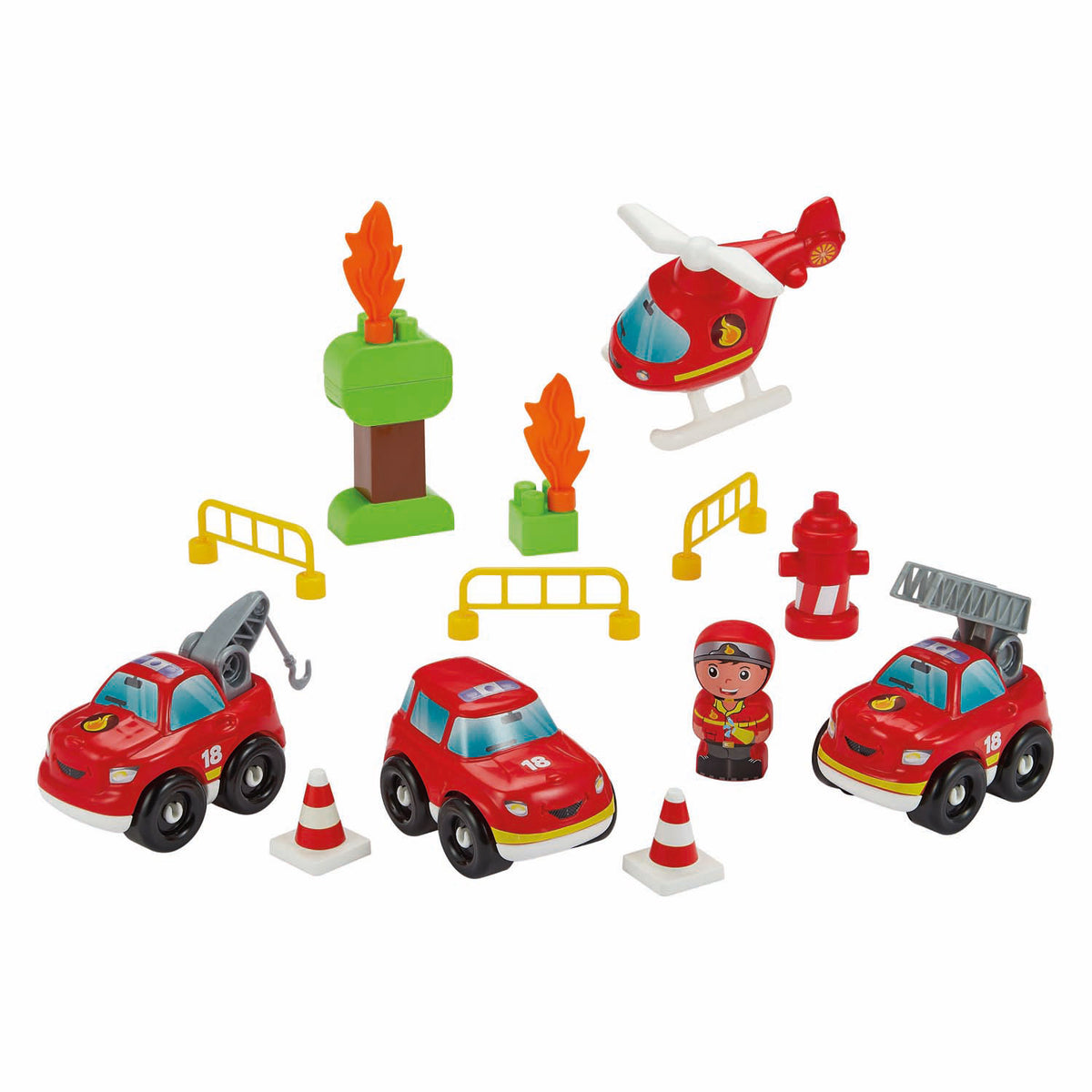 Maleta de ladrillo Ecoiffier con camiones de bomberos - 40 uds.