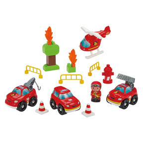 Maleta de ladrillo Ecoiffier con camiones de bomberos - 40 uds.