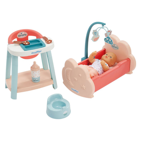 Habitación infantil Ecoiffier 3 en 1 con muñeco bebé - 8 piezas.