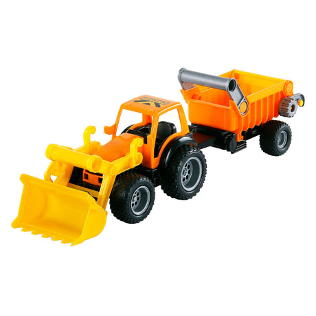 Tractor Cavallino con cargador frontal y remolque.