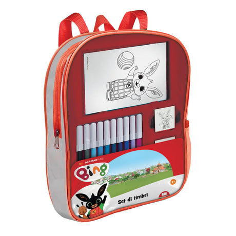 Mochila de bing multiprint con sellos y bolígrafos de fieltro