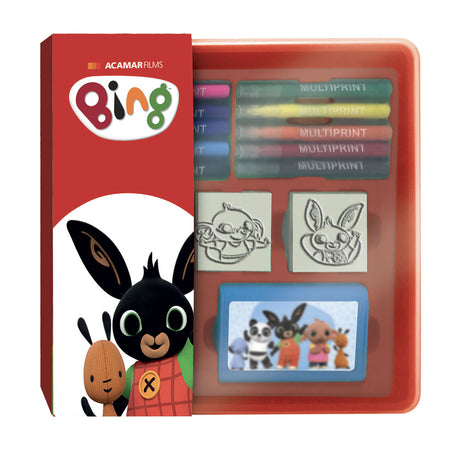 Juego de sellos Bing Multiprint y rotuladores en caja de almacenamiento para niños.
