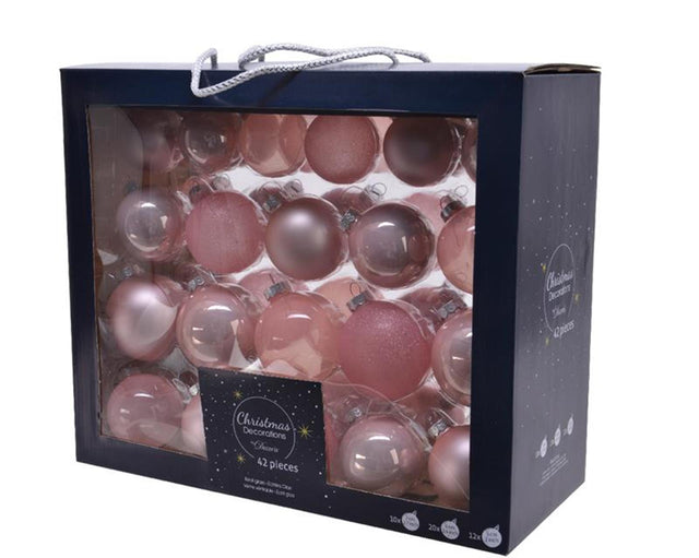 Decoris Juego de bolas navideñas mezcla de vidrio en polvo rosa 42 piezas