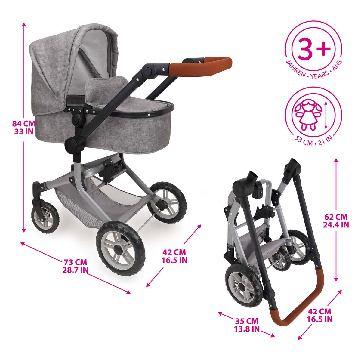 509 Crew Cochecito para muñecas 2 en 1 con bolso - gris