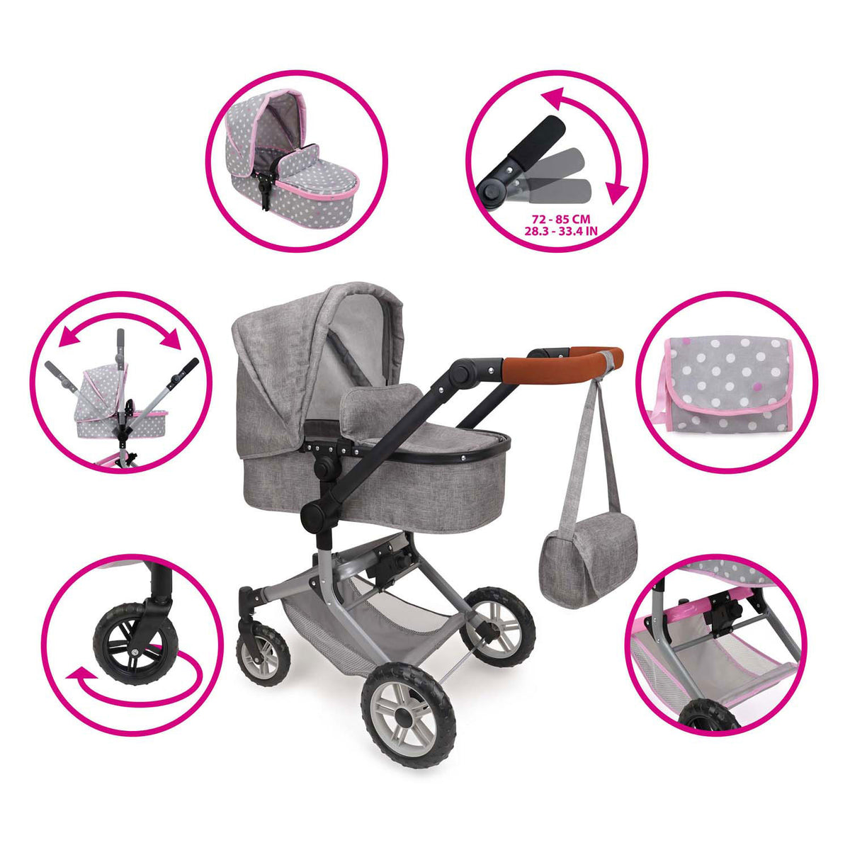 509 Crew Cochecito para muñecas 2 en 1 con bolso - gris