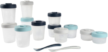 Béaba juego de 12 tarros de almacenamiento - 2 x 90 ml, 4 x 150 ml y 6 x 250 ml con 2 cucharas de silicona - herméticos y estancos para la bolsa de pañales - apilables con zona para etiquetas - aptos para congelador, microondas y baby cook - azul gris